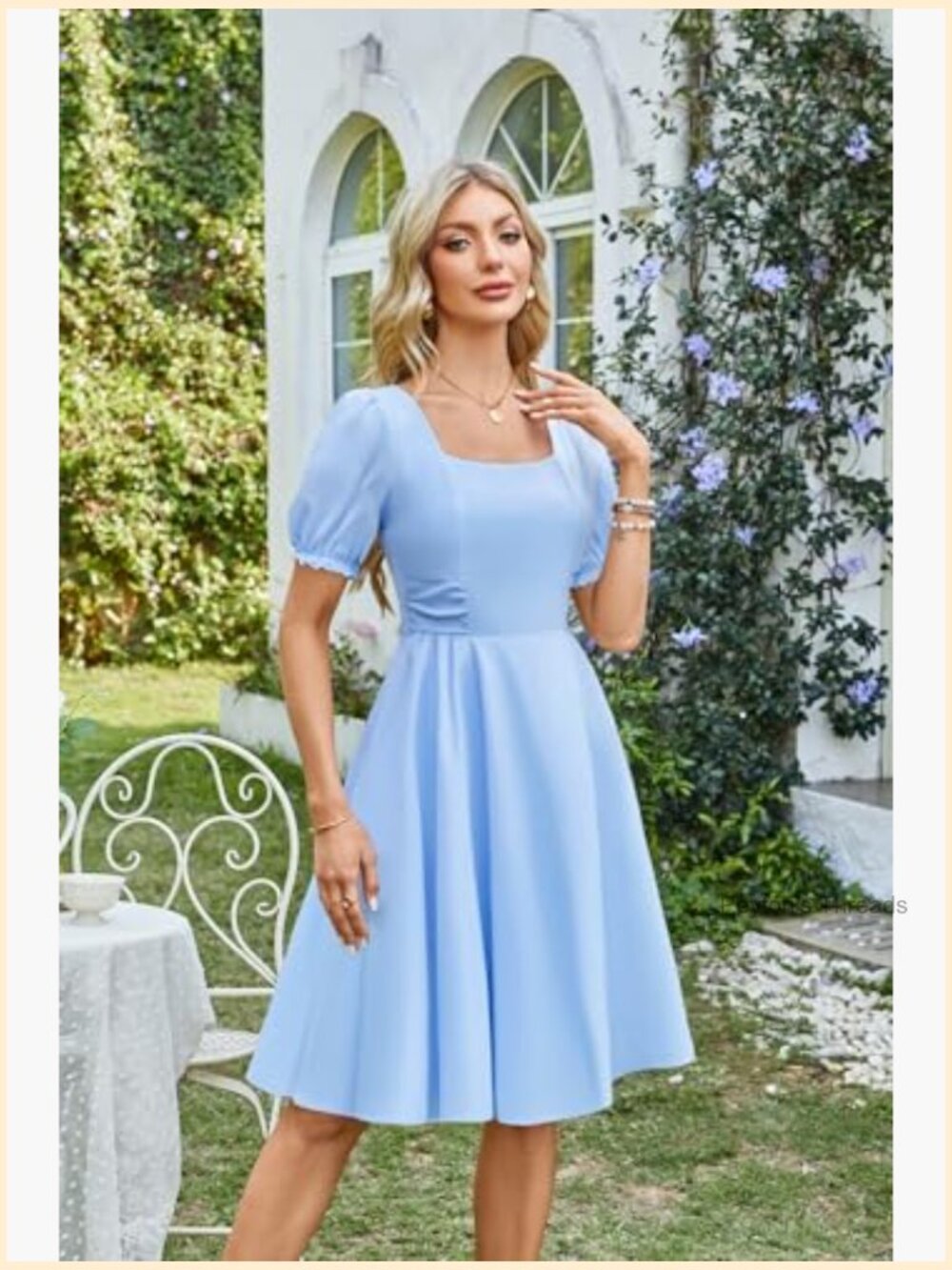 Vintage Square Neck Midi Dress with Puff Sleeves Ruched Waist Smocked Back - Picture 3 of 7